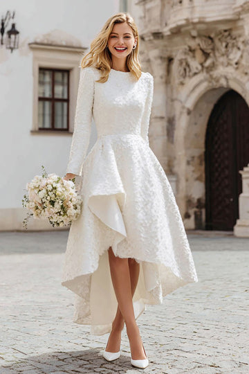 Long Sleeve A Line Ruffled Ivory Engagement Dress
